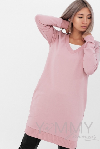 Платье-джемпер для беременных и кормящих из футера, пудрово-розовое