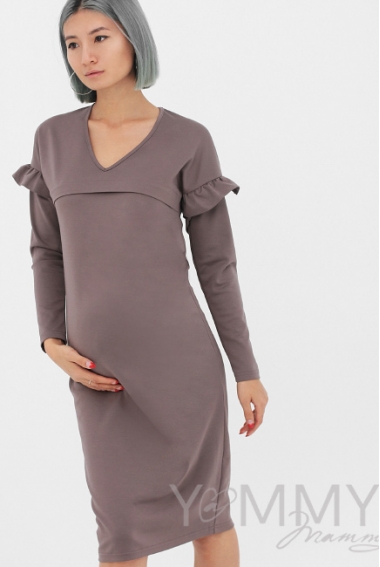 Платье для беременных и кормящих с воланчиками на рукавах, капучино