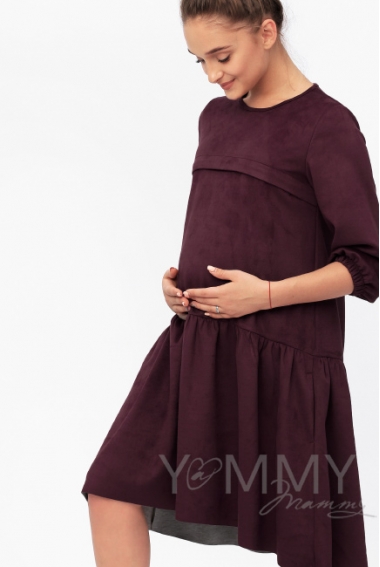Платье для кормящих и беременных с воланом, с карманами замшевое, цвет бургунди
