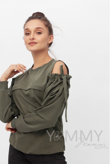 Свитшот для кормящих и беременных с вырезами на плечах, цвет хаки