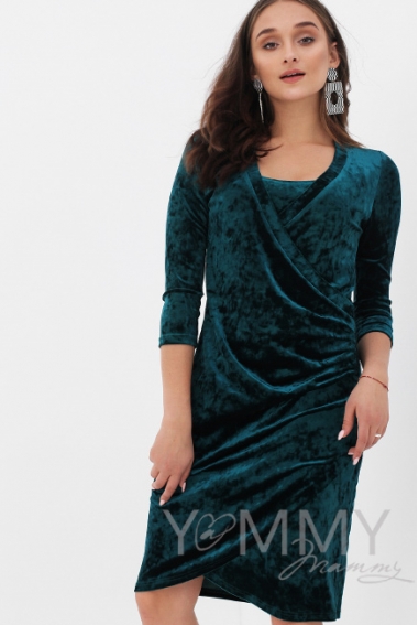 Вечернее платье для беременных и  кормящих бархатное с защипами, цвет изумруд