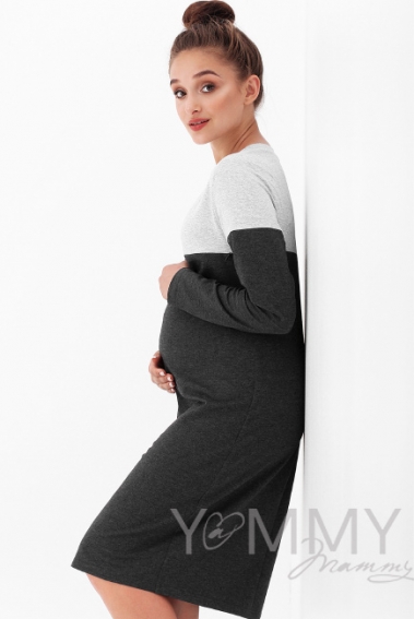 Платье для беременных и кормящих двухцветное, цвет серый меланж/темно-серый меланж