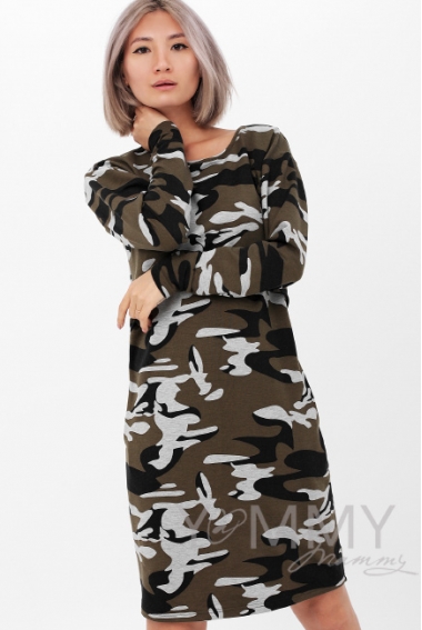 Платье для кормящих и беременных с длинным рукавом с карманами, камуфляж