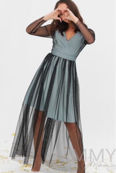 Платье для беременных и кормящих с поясом , голубое с черной сеткой