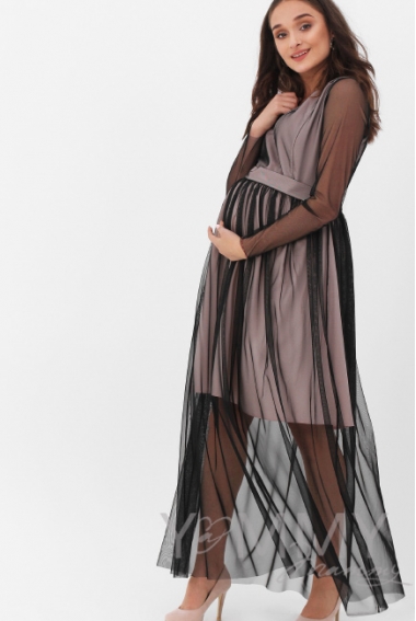 Вечернее платье для кормящих и беременных с поясом, цвет розовый с черной сеткой