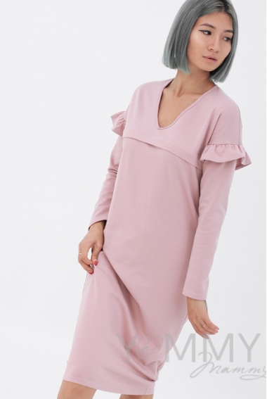 Платье для кормящих и беременных с воланчиками на рукавах, пудрово-розовое