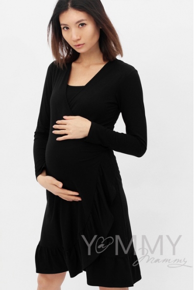 Платье для кормящих и беременных на запах с воланом, черное