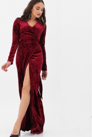 Вечернее платье для беременных и кормящих длинное бархатное на запах, бордо