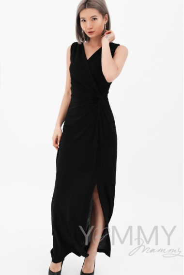 Вечернее платье для кормящих и беременных длинное с разрезом, цвет черный