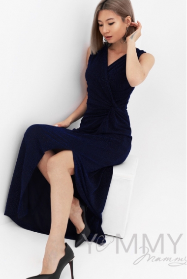 Вечернее платье для беременных и кормящих длинное с разрезом, синее