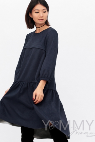 Платье для беременных и кормящих с воланом, с карманами замшевое, цвет темно-синий