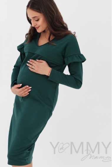 Платье для беременных и кормящих с воланчиками на рукавах, цвет изумрудный