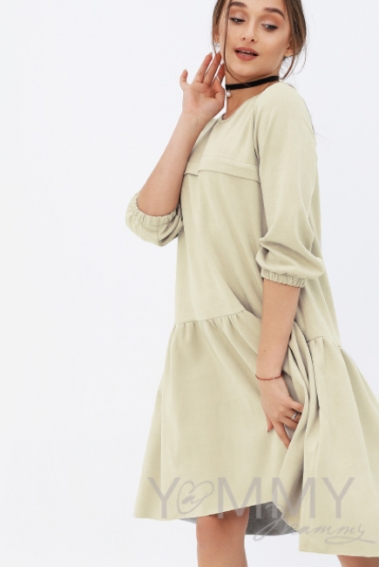 Платье для беременных и кормящих с воланом, с карманами замшевое, цвет светло-бежевый