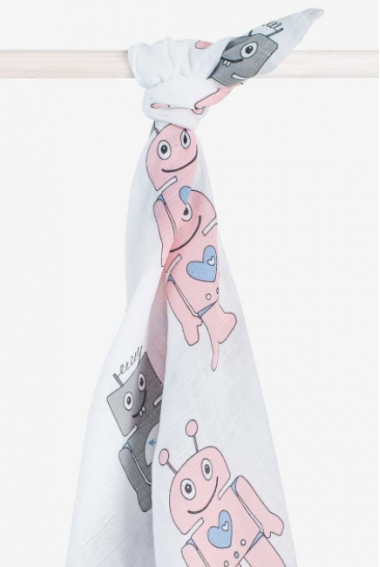 Муслиновая пеленка/простынь для новорожденных Jollein большая, Robot Pink