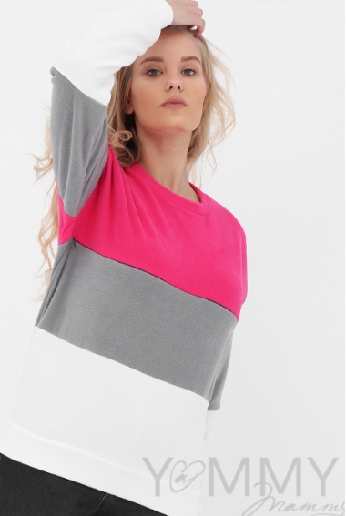 Толстовка для беременных и кормящих трехцветная, экрю-малина-серый