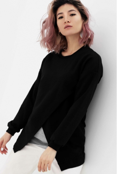 Джемпер для кормящих и беременных на запах, черный/серый меланж