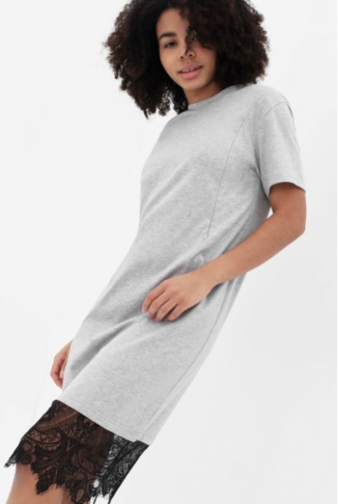 Платье-футболка для кормящих и беременных с кружевом, цвет серый меланж
