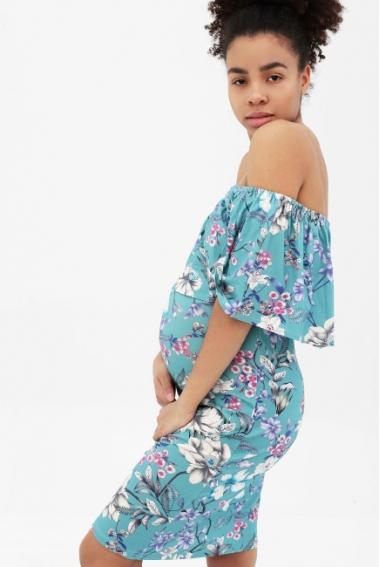 Платье "майка" для беременных и кормящих с воланом на плечах, серо-голубое/цветы