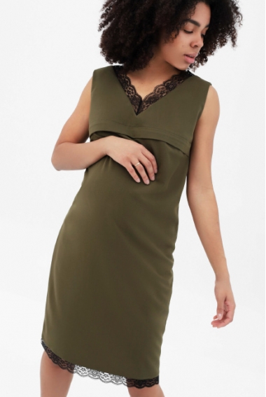 Платье для беременных и кормящих с кружевом, хаки