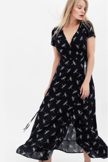 Платье для кормящих и беременных на запах с воланом со стрекозами, цвет темно-синий