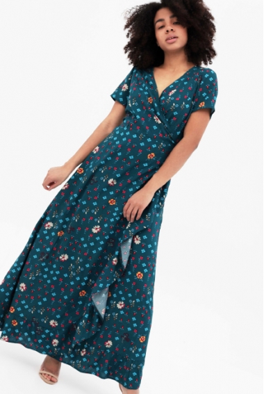 Платье для беременных и кормящих на запах с воланом с принтом, цвет темно-бирюзовый