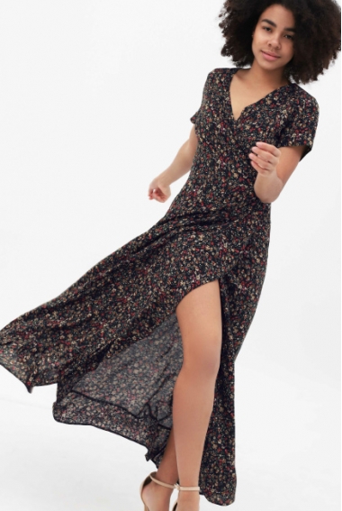 Платье для беременных и кормящих на запах с воланом, темно-синее с цветочным принтом