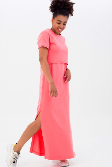Платье-футболка для беременных и кормящих, коралловое
