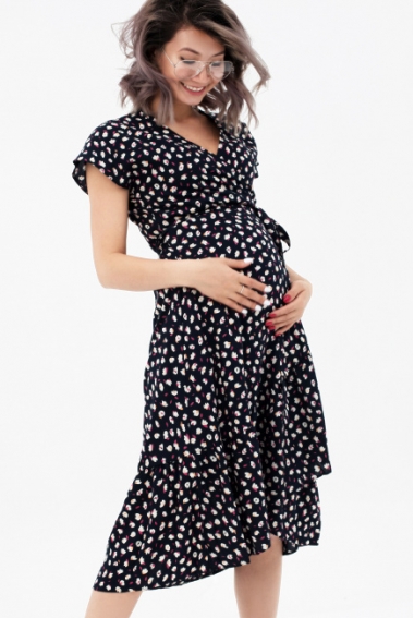 Платье для беременных и кормящих с цветочным принтом, темно-синее