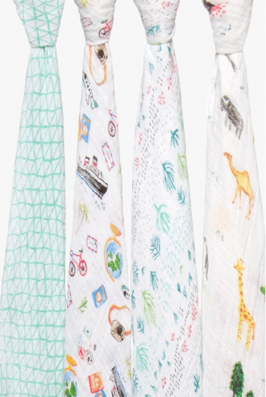 Пеленки муслиновые для новорожденных Aden&Anais большие, набор 4, Around The World