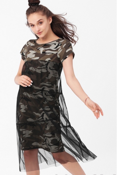 Платье для кормящих и беременных милитари с сеткой, хаки/черный