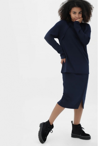 Костюм для беременных и кормящих утепленный джемпер + юбка, темно-синий