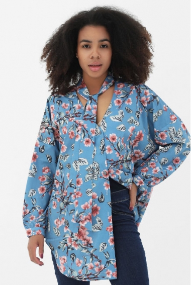 Блуза для беременных и кормящих с цветами длинный рукав, цвет голубой