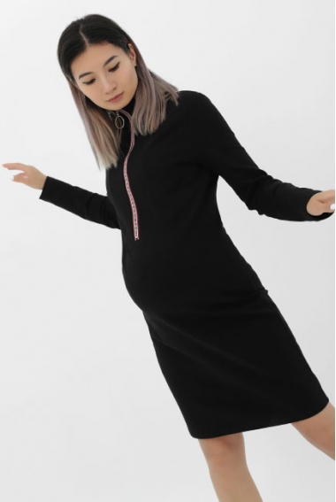 Платье для кормящих и беременных с молнией длинный рукав, цвет черный