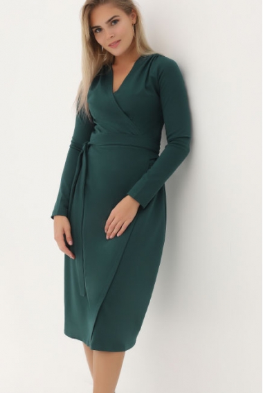 Платье для беременных и кормящих миди на запах, темно-зеленое