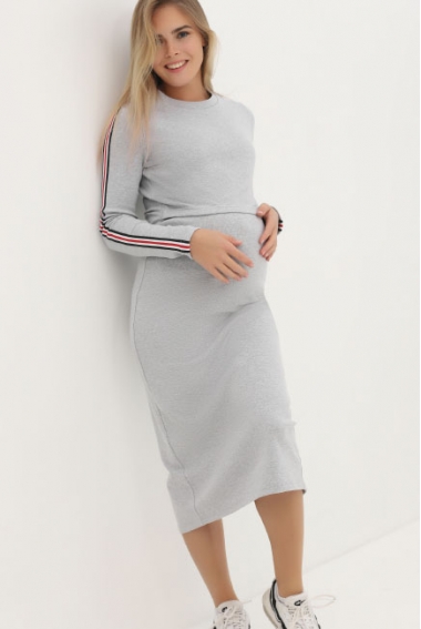 Платье для беременных и кормящих с лампасами, серый меланж