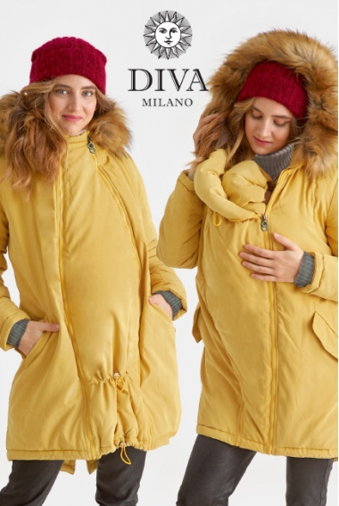 Слингокуртка зимняя - парка 3 в 1 с мехом, горчичная