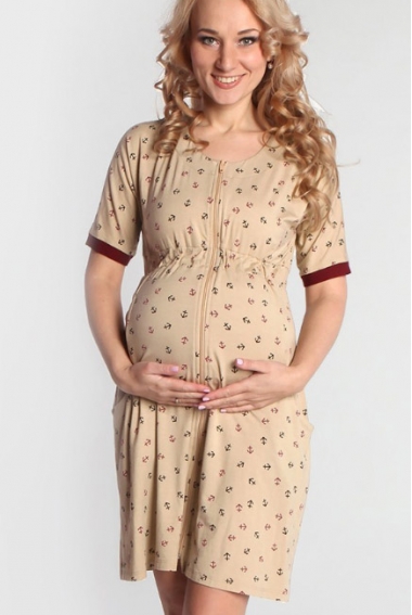 Халат для беременных на молнии, бежевый/вишня