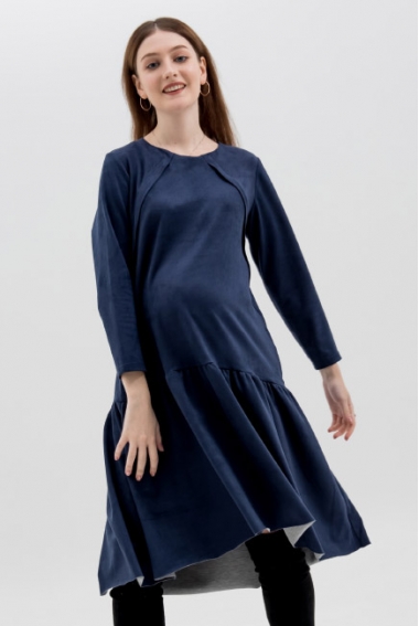 Платье для беременных и кормящих c воланами замшевое, темно-синее