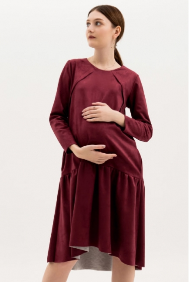 Платье для беременных и кормящих c воланами замшевое, марсала