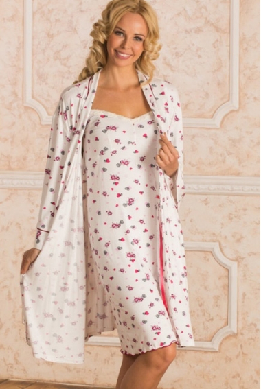 Комплект в роддом халат с сорочкой "сердечки", цвет красный