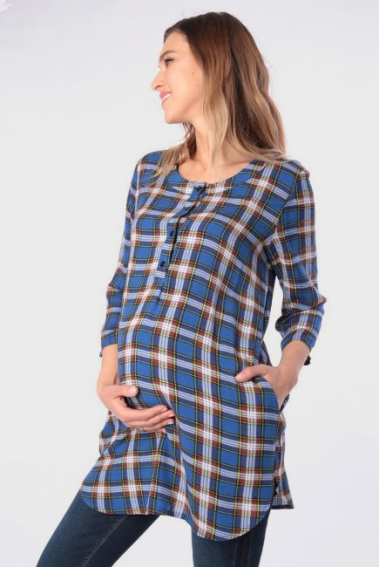 Блуза-рубашка для беременных в клетку, синяя Блуза-рубашка для беременных в клетку, синяя
