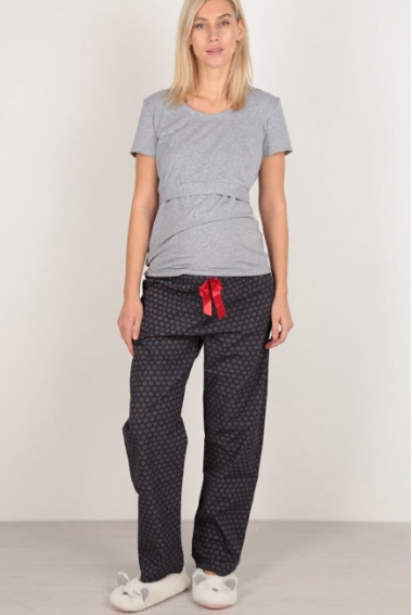 Пижама для беременных и кормящих с цветами, серая