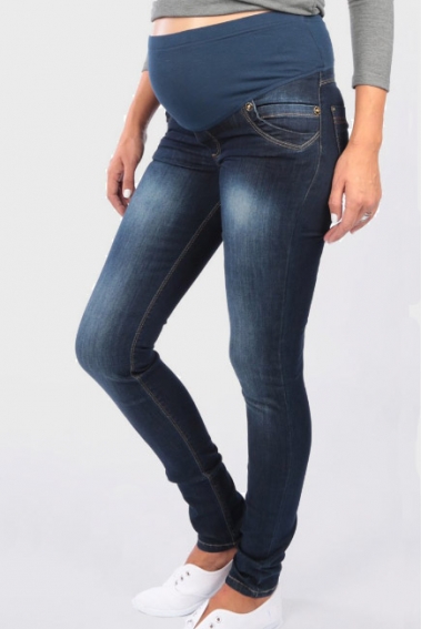Джинсы для беременных зауженные с высоким мягким поясом, темно-синие