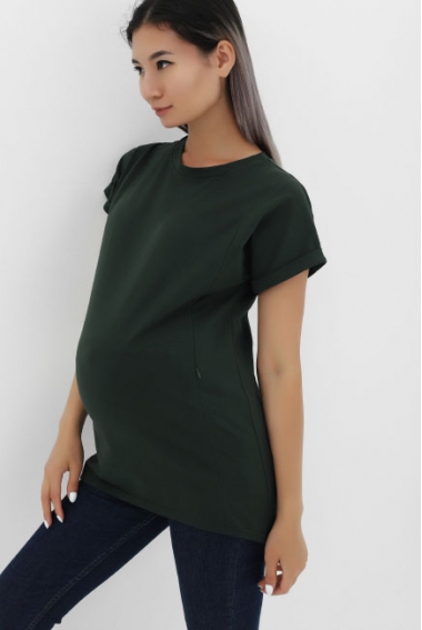 Футболка для беременных и кормящих с вертикальными молниями, цвет темно-зеленый
