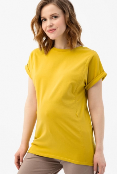 Футболка для кормящих и беременных с вертикальными молниями - горчичный