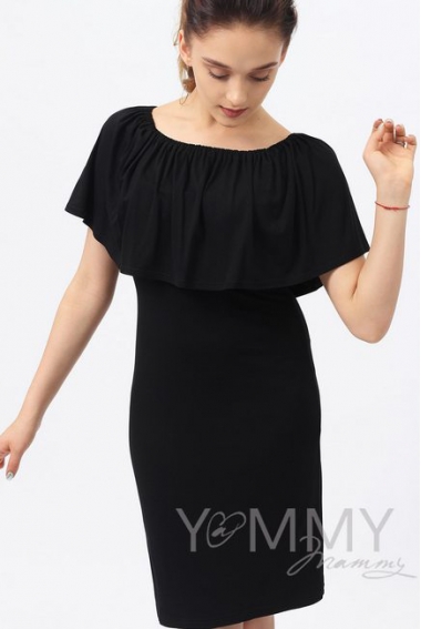 Платье "майка" для беременных и кормящих с воланом на плечах, черное