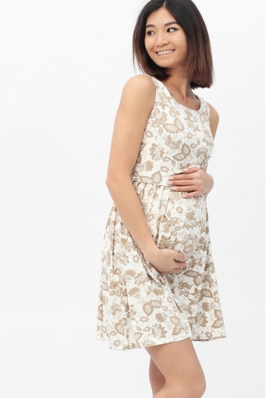 Платье для кормящих и беременных с круглым вырезом и цветочным принтом, экрю