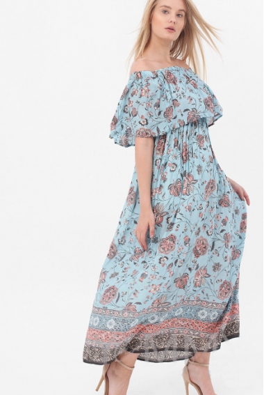 Платье-сарафан для кормящих и беременных, с оборкой по плечам голубое