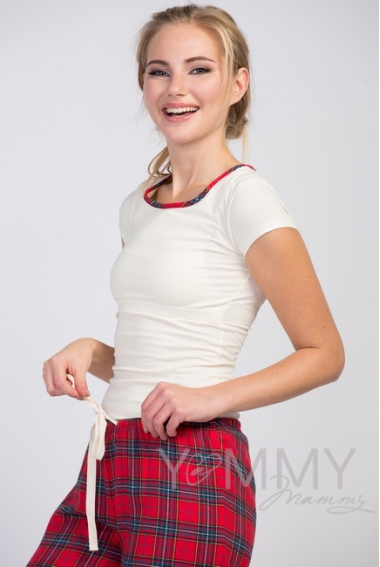Футболка с отделкой в красную клетку для кормящих и беременных, экрю