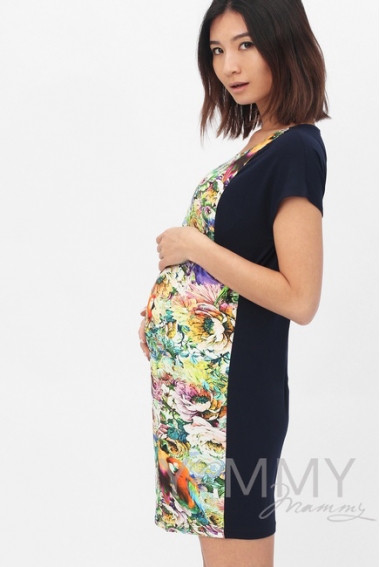 Платье-туника для беременных и кормящих, темно-синее с цветочным принтом